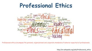 Professional Ethics

Professional ethics encompass the personal, organizational and corporate standards of behavior expected of professionals.

http://en.wikipedia.org/wiki/Professional_ethics

 