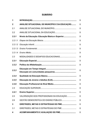 SUMÁRIO
1 INTRODUÇÃO..................................................................................... X
2 ANÁLISE SITUACIONAL DO MUNICÍPIO E DA EDUCAÇÃO......... X
2.1 ANÁLISE SITUACIONAL DO MUNICÍPIO.......................................... X
2.2 ANÁLISE SITUACIONAL DA EDUCAÇÃO......................................... X
2.2.1 Níveis da Educação: Educação Básica e Superior........................ X
2.2.1.1 Etapas da Educação Básica................................................................ X
2.2.1.2 Educação Infantil................................................................................. X
2.2.1.3 Ensino Fundamental............................................................................ X
2.2.1.4 Ensino Médio....................................................................................... X
2.3 MODALIDADES E DESAFIOS EDUCACIONAIS............................... X
2.3.1 Educação Especial........................................................................... X
2.3.2 Política da Alfabetização.................................................................. X
2.3.3
Educação em Tempo Integral..........................................................
Educação em comunidades pesqueiras.........................................
X
2.3.4 Qualidade da Educação Básica........................................................ X
2.3.5 Educação de Jovens e Adultos (EJA)............................................. X
2.3.6 Educação Profissional de Nível Médio............................................ X
2.4 EDUCAÇÃO SUPERIOR..................................................................... X
2.4.1 Ensino Superior................................................................................. X
2.5 VALORIZAÇÃO DOS PROFISSIONAIS DA EDUCAÇÃO................. X
2.6 GESTÃO DEMOCRÁTICA DO ENSINO PÚBLICO............................ X
3 DIRETRIZES, METAS E ESTRATÉGIAS DO PME............................ X
3.1 DIRETRIZES, METAS E ESTRATÉGIAS DO PME............................ X
4 ACOMPANHAMENTO E AVALIAÇÃO DO PME.............................. X
 