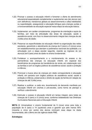 121
1.22) Priorizar o acesso à educação infantil e fomentar a oferta do atendimento
educacional especializado complementar e suplementar aos (às) alunos (as)
com deficiência, transtornos globais do desenvolvimento e altas habilidades
ou superdotação, assegurando a educação bilíngue para crianças surdas e
a transversalidade da educação especial nessa etapa da educação básica;
1.23) Implementar, em caráter complementar, programas de orientação e apoio às
famílias, por meio da articulação das áreas de educação, saúde e
assistência social, com foco no desenvolvimento integral das crianças de até
3 (três) anos de idade;
1.24) Preservar as especificidades da educação infantil na organização das redes
escolares, garantindo o atendimento da criança de 0 (zero) a 5 (cinco) anos
em estabelecimentos que atendam a parâmetros nacionais de qualidade, e a
articulação com a etapa escolar seguinte, visando ao ingresso do (a)
aluno(a) de 6 (seis) anos de idade no ensino fundamental;
1.25) Fortalecer o acompanhamento e o monitoramento do acesso e da
permanência das crianças na educação infantil, em especial dos
beneficiários de programas de transferência de renda, em colaboração com
as famílias e com os órgãos públicos de assistência social, saúde e proteção
à infância;
1.26) Promover a busca ativa de crianças em idade correspondente à educação
infantil, em parceria com órgãos públicos de assistência social, saúde e
proteção à infância, preservando o direito de opção da família em relação às
crianças de até 3 (três) anos;
1.27) Realizar e publicar, a cada ano, levantamento da demanda manifesta por
educação infantil em creches e pré-escolas, como forma de planejar e
verificar o atendimento;
1.28) Estimular o acesso à educação infantil em tempo integral, para todas as
crianças de 0 (zero) a 5 (cinco) anos, conforme estabelecido nas Diretrizes
Curriculares Nacionais para a Educação Infantil.
META 2: Universalizar o ensino fundamental de 9 (nove) anos para toda a
população de 6 (seis) a 14 (quatorze) anos e garantir que pelo menos 95%
(noventa e cinco por cento) dos alunos concluam essa etapa na idade
recomendada, até o último ano de vigência deste PME.
Estratégias:
 