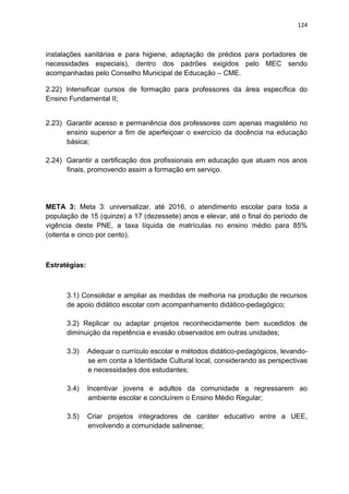 124
instalações sanitárias e para higiene, adaptação de prédios para portadores de
necessidades especiais), dentro dos padrões exigidos pelo MEC sendo
acompanhadas pelo Conselho Municipal de Educação – CME.
2.22) Intensificar cursos de formação para professores da área específica do
Ensino Fundamental II;
2.23) Garantir acesso e permanência dos professores com apenas magistério no
ensino superior a fim de aperfeiçoar o exercício da docência na educação
básica;
2.24) Garantir a certificação dos profissionais em educação que atuam nos anos
finais, promovendo assim a formação em serviço.
META 3: Meta 3: universalizar, até 2016, o atendimento escolar para toda a
população de 15 (quinze) a 17 (dezessete) anos e elevar, até o final do período de
vigência deste PNE, a taxa líquida de matrículas no ensino médio para 85%
(oitenta e cinco por cento).
Estratégias:
3.1) Consolidar e ampliar as medidas de melhoria na produção de recursos
de apoio didático escolar com acompanhamento didático-pedagógico;
3.2) Replicar ou adaptar projetos reconhecidamente bem sucedidos de
diminuição da repetência e evasão observados em outras unidades;
3.3) Adequar o currículo escolar e métodos didático-pedagógicos, levando-
se em conta a Identidade Cultural local, considerando as perspectivas
e necessidades dos estudantes;
3.4) Incentivar jovens e adultos da comunidade a regressarem ao
ambiente escolar e concluírem o Ensino Médio Regular;
3.5) Criar projetos integradores de caráter educativo entre a UEE,
envolvendo a comunidade salinense;
 