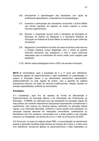 125
3.6) Acompanhar a aprendizagem dos estudantes com ajuda de
profissional especializado, a exemplo de um psicopedagogo;
3.7) Incentivar a participação dos estudantes concluintes o Ensino Médio
nas formas regulares de ingresso ao ensino superior e cursos
técnicos suplementares;
3.8) Garantir a cooperação técnica entre a Secretaria de Educação do
Município de Salinas da Margarida e a Secretaria Estadual da
Educação na Unidade de Ensino Médio no sentido de suprir carências
de pessoal;
3.9) Regularizar a transferência de título de posse do terreno onde situa-se
o Colégio Estadual Juracy Magalhães com o intuito de garantir
reformas estruturais que assegurem a infra e supra estruturas
adequadas para os estudantes de ensino médio como exigidos pela
legislação;
3.10) Alinhar ações pedagógicas entre a UEE e as escolas municipais.
META 4: Universalizar, para a população de 4 a 17 anos com deficiência,
transtornos globais do desenvolvimento e altas habilidades ou superdotação, o
acesso à educação básica e ao atendimento educacional especializado,
preferencialmente na rede regular de ensino, com a garantia de sistema
educacional inclusivo, de salas de recursos multifuncionais, classes, escolas ou
serviços especializados, públicos ou conveniados.
Estratégias:
4.1) Contabilizar, para fins do repasse do Fundo de Manutenção e
Desenvolvimento da Educação Básica e de Valorização dos Profissionais da
Educação - FUNDEB, as matrículas dos (as) estudantes da educação regular da
rede pública que recebam atendimento educacional especializado complementar e
suplementar, sem prejuízo do cômputo dessas matrículas na educação básica
regular, e as matrículas efetivadas, conforme o censo escolar mais atualizado, na
educação especial oferecida em instituições comunitárias, confessionais ou
filantrópicas sem fins lucrativos, conveniadas com o poder público e com atuação
exclusiva na modalidade, nos termos da Lei no 11.494, de 20 de junho de 2007;
4.2) Promover, no prazo de vigência deste PME, a universalização do atendimento
escolar à demanda manifesta pelas famílias de crianças de 0 (zero) a 3 (três) anos
com deficiência, transtornos globais do desenvolvimento e altas habilidades ou
 