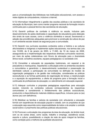 133
para a universalização das bibliotecas nas instituições educacionais, com acesso a
redes digitais de computadores, inclusive a internet;
9.13) Informatizar integralmente a gestão das escolas públicas e da secretaria de
educação do Município, bem como manter programa nacional de formação inicial e
continuada para o pessoal técnico das secretarias de educação;
9.14) Garantir políticas de combate à violência na escola, inclusive pelo
desenvolvimento de ações destinadas à capacitação de educadores para detecção
dos sinais de suas causas, como a violência doméstica e sexual, favorecendo a
adoção das providências adequadas para promover a construção da cultura de paz
e um ambiente escolar dotado de segurança para a comunidade;
9.15) Garantir nos currículos escolares conteúdos sobre a história e as culturas
afro-brasileira e indígenas e implementar ações educacionais, nos termos das Leis
nos 10.639, de 9 de janeiro de 2003, e 11.645, de 10 de março de 2008,
assegurando-se a implementação das respectivas diretrizes curriculares nacionais,
por meio de ações colaborativas com fóruns de educação para a diversidade
étnico-racial, conselhos escolares, equipes pedagógicas e a sociedade civil;
9.16) Consolidar a educação de populações tradicionais, em especial a de
pescadores e marisqueiras, respeitando a articulação entre os ambientes escolares
e comunitários e garantindo: o desenvolvimento sustentável e preservação da
identidade cultural; a participação da comunidade na definição do modelo de
organização pedagógica e de gestão das instituições, consideradas as práticas
socioculturais e as formas particulares de organização do tempo; a reestruturação
e a aquisição de equipamentos; a oferta de programa para a formação inicial e
continuada de profissionais da educação; e o atendimento em educação especial;
9.17) Adequar currículos e propostas pedagógicas específicas para educação
escolar, incluindo os conteúdos culturais correspondentes às respectivas
comunidades e considerando o fortalecimento das práticas socioculturais,
produzindo e disponibilizando materiais didáticos específicos, inclusive para os (as)
alunos (as) com deficiência;
9.18) Mobilizar as famílias e setores da sociedade civil, articulando a educação
formal com experiências de educação popular e cidadã, com os propósitos de que
a educação seja assumida como responsabilidade de todos e de ampliar o controle
social sobre o cumprimento das políticas públicas educacionais;
9.19) Promover a articulação dos programas da área da educação, de âmbito local,
com os de outras áreas, como saúde, trabalho e emprego, assistência social,
esporte e cultura, possibilitando a criação de rede de apoio integral às famílias,
como condição para a melhoria da qualidade educacional;
 