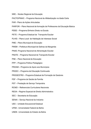 NRE – Núcleo Regional de Educação
PACTO/PNAIC – Programa Nacional de Alfabetização na Idade Certa
PAR - Plano de Ações Articuladas
PARFOR – Plano Nacional de formação de Professores da Educação Básica
PDDE – Programa Dinheiro Direto na Escola
PETE – Programa Estadual de Transporte Escolar
PLHIS – Plano Local de Habitação de Interesse Social
PME – Plano Municipal de Educação
PMSM – Prefeitura Municipal de Salinas da Margarida
PNAE- Programa Nacional de Alimentação Escolar
PNATE – Programa Nacional de Transporte Escolar
PNE – Plano Nacional de Educação
PPP – Programa Político Pedagógico
PROAM – Programa de Apoio aos Municípios
PROEC – Programa de Educação Continuada
PROGESTÃO – Programa Estadual de Formação de Gestores
PSF – Programa de Saúde da Família
PST – Prestação de Serviço Temporária
RCNEI – Referenciais Curriculares Nacionais
REDA – Regime Especial de Direito Administrativo
SEC – Secretaria de Educação
SENAI – Serviço Nacional da Indústria
UEE – Unidade Educacional Estadual
UFBA - Universidade Federal da Bahia
UNEB - Universidade do Estado da Bahia
 