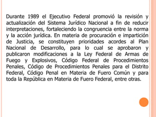 Durante 1989 el Ejecutivo Federal promovió la revisión y actualización del Sistema Jurídico Nacional a fin de reducir interpretaciones, fortaleciendo la congruencia entre la norma y la acción jurídica. En materia de procuración e impartición de Justicia, se constituyen prioridades acordes al Plan Nacional de Desarrollo, para lo cual se aprobaron y publicaron modificaciones a la Ley Federal de Armas de Fuego y Explosivos, Código Federal de Procedimientos Penales, Código de Procedimientos Penales para el Distrito Federal, Código Penal en Materia de Fuero Común y para toda la República en Materia de Fuero Federal, entre otras. 