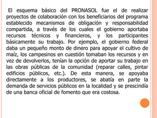     El esquema básico del PRONASOL fue el de realizar proyectos de colaboración con los beneficiarios del programa establecido mecanismos de obligación y responsabilidad compartida, a través de los cuales el gobierno aportaba recursos técnicos y financieros, y los participantes básicamente su trabajo. Por ejemplo, el gobierno federal daba un pequeño monto de dinero para apoyar el cultivo de maíz, los campesinos en cuestión tomaban los recursos y en vez de devolverlos, tenían la opción de aportar su trabajo en las obras públicas de la comunidad (reparar calles, pintar edificios públicos, etc.). De esta manera, se apoyaba directamente a los productores, se abatía en parte la demanda de servicios públicos en la localidad y se prescindía de una banca oficial de fomento que era costosa.