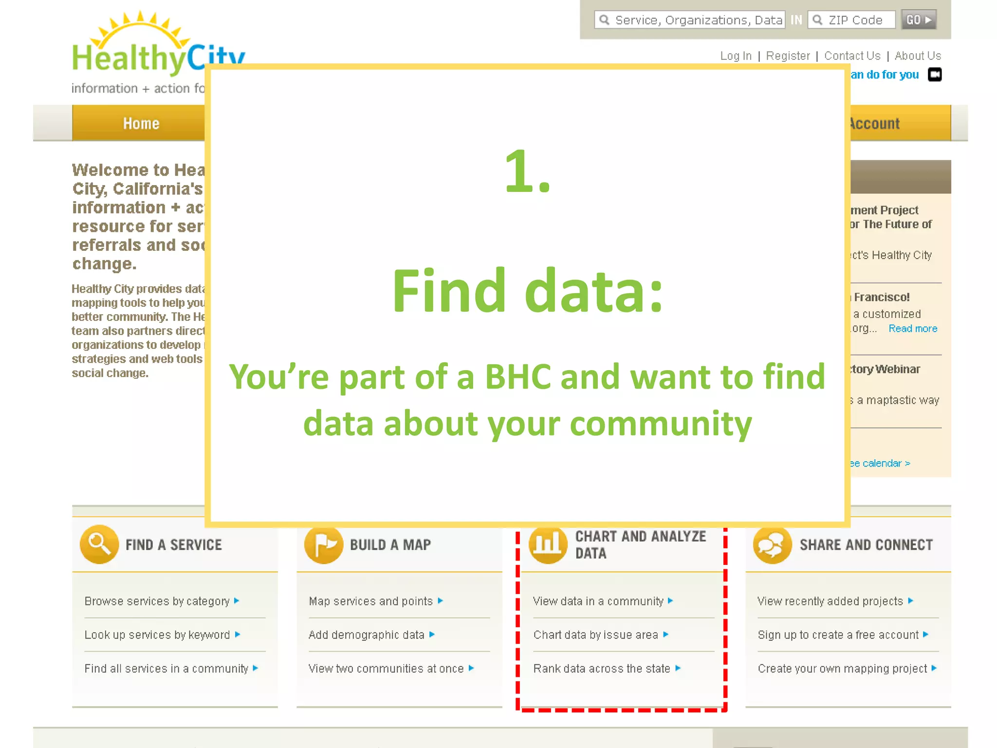 1. 
          Find data:
You’re part of a BHC and want to find 
    data about your community
 