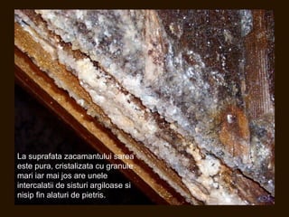 La suprafata zacamantului sarea
este pura, cristalizata cu granule
mari iar mai jos are unele
intercalatii de sisturi argiloase si
nisip fin alaturi de pietris.
 