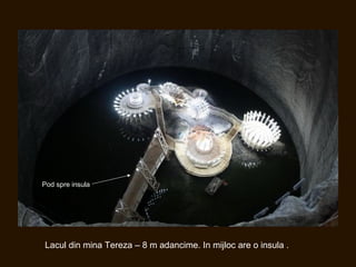 Lacul din mina Tereza – 8 m adancime. In mijloc are o insula .
Pod spre insula
 