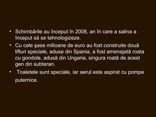 • Schimbările au început în 2008, an în care a salina a
început să se tehnologizeze.
• Cu cele şase milioane de euro au fost construite două
lifturi speciale, aduse din Spania, a fost amenajată roata
cu gondole, adusă din Ungaria, singura roată de acest
gen din subteran.
• Toaletele sunt speciale, iar aerul este aspirat cu pompe
puternice.
 