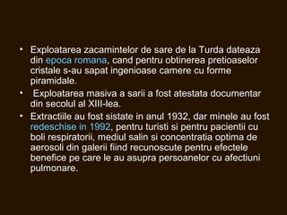 • Exploatarea zacamintelor de sare de la Turda dateaza
din epoca romana, cand pentru obtinerea pretioaselor
cristale s-au sapat ingenioase camere cu forme
piramidale.
• Exploatarea masiva a sarii a fost atestata documentar
din secolul al XIII-lea.
• Extractiile au fost sistate in anul 1932, dar minele au fost
redeschise in 1992, pentru turisti si pentru pacientii cu
boli respiratorii, mediul salin si concentratia optima de
aerosoli din galerii fiind recunoscute pentru efectele
benefice pe care le au asupra persoanelor cu afectiuni
pulmonare.
 