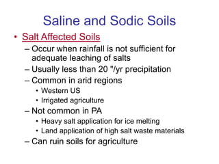 Saline and Sodic Soils
• Salt Affected Soils
– Occur when rainfall is not sufficient for
adequate leaching of salts
– Usually less than 20 "/yr precipitation
– Common in arid regions
• Western US
• Irrigated agriculture
– Not common in PA
• Heavy salt application for ice melting
• Land application of high salt waste materials
– Can ruin soils for agriculture
 