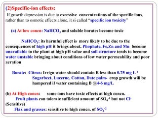 (2)Specific-ion effects:
If growth depression is due to excessive concentrations of the specific ions,
rather than to osmotic effects alone, it si called “specific ion toxicity”
(a) At low concn: NaHCO3 and soluble borates become toxic
NaHCO3: its harmful effect is more likely to be due to the
consequences of high pH it brings about. Phophate, Fe,Zn and Mn become
unavailable to the plant at high pH value and soil structure tends to become
water unstable bringing about conditions of low water permeability and poor
aeration
Borate: Citrus: Irrign water should contain B less than 0.75 mg L-1
Sugarbeet, Lucerne, Cotton, Date palm- crop growth will be
hampered if water containing B @4-6 mg/L
(b) At High concn: some ions have toxic effects at high concn.
Fruit plants can tolerate sufficient amount of SO4
-2 but not Cl-
(Sensitive)
Flax and grasses: sensitive to high concn. of SO4
-2
 