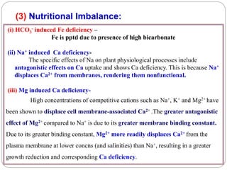 (3) Nutritional Imbalance:
(i) HCO3
- induced Fe deficiency –
Fe is pptd due to presence of high bicarbonate
(ii) Na+ induced Ca deficiency-
The specific effects of Na on plant physiological processes include
antagonistic effects on Ca uptake and shows Ca deficiency. This is because Na+
displaces Ca2+ from membranes, rendering them nonfunctional.
(iii) Mg induced Ca deficiency-
High concentrations of competitive cations such as Na+, K+ and Mg2+ have
been shown to displace cell membrane-associated Ca2+ .The greater antagonistic
effect of Mg2+ compared to Na+ is due to its greater membrane binding constant.
Due to its greater binding constant, Mg2+ more readily displaces Ca2+ from the
plasma membrane at lower concns (and salinities) than Na+, resulting in a greater
growth reduction and corresponding Ca deficiency.
 