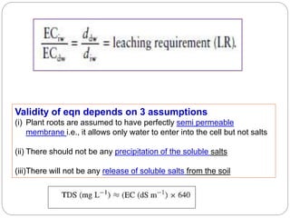 Validity of eqn depends on 3 assumptions
(i) Plant roots are assumed to have perfectly semi permeable
membrane i.e., it allows only water to enter into the cell but not salts
(ii) There should not be any precipitation of the soluble salts
(iii)There will not be any release of soluble salts from the soil
 
