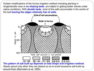 Certain modifications of the furrow irrigation method including planting in
single/double rows or on sloping beds, are helpful in getting better stands under
saline conditions. With double beds, most of the salts accumulate in the centre of
the bed leaving the edges relatively free of salts.
The pattern of salt built up depends on bed shape and irrigation method.
Seeds sprout only when they are placed so as to avoid excessive salt build up
around them (Bernstein et al.,1955)
 