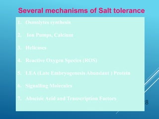 28
1. Osmolytes synthesis
2. Ion Pumps, Calcium
3. Helicases
4. Reactive Oxygen Species (ROS)
5. LEA (Late Embryogenesis Abundant ) Protein
6. Signalling Molecules
7. Abscisic Acid and Transcription Factors
Several mechanisms of Salt tolerance
 