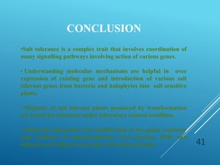 41
CONCLUSION
•Salt tolerance is a complex trait that involves coordination of
many signalling pathways involving action of various genes.
• Understanding molecular mechanisms are helpful in over
expression of existing gene and introduction of various salt
tolerant genes from bacteria and halophytes into salt sensitive
plants.
• Majority of salt tolerant plants produced by transformation
are tested for tolerance under laboratory control condition.
• Molecular approaches for modification of ion pump regulator
and synthesis of osmo-protectant, LEA protein, ROS and
helicases are efficient to produce salt tolerant plants.
 