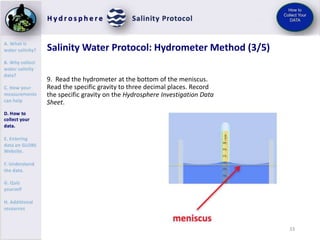 34
Salinity Water Protocol: Hydrometer Method (4/5)
10. Look up the specific gravity and water temperature on the Conversi...