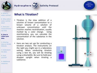 38
Overview of Water Salinity Protocol: Titration Method (1/2)
The salinity titration method measures the amount of chlori...
