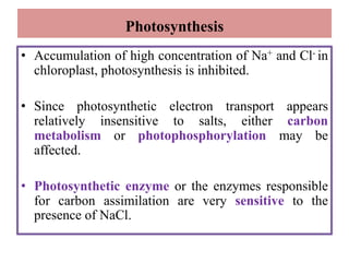 Photosynthesis
• Accumulation of high concentration of Na+ and Cl- in
chloroplast, photosynthesis is inhibited.
• Since photosynthetic electron transport appears
relatively insensitive to salts, either carbon
metabolism or photophosphorylation may be
affected.
• Photosynthetic enzyme or the enzymes responsible
for carbon assimilation are very sensitive to the
presence of NaCl.
 