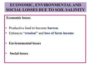 ECONOMIC, ENVIRONMENTALAND
SOCIAL LOSSES DUE TO SOIL SALINITY
Economic losses
• Productive land to become barren.
• Enhances “erosion” and loss of farm income
• Environmental losses
• Social losses
 