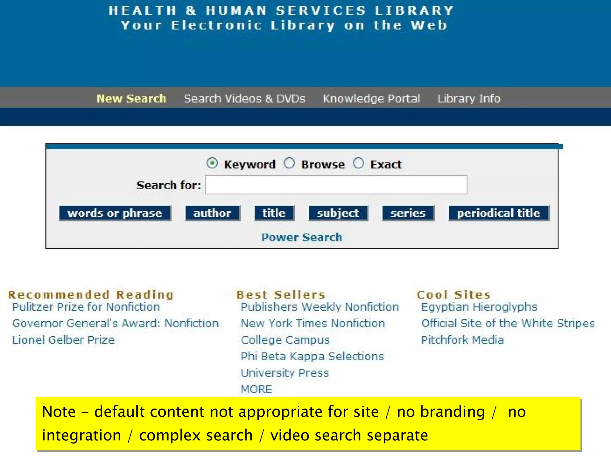 Note - default content not appropriate for site / no branding /  no integration / complex search / video search separate 