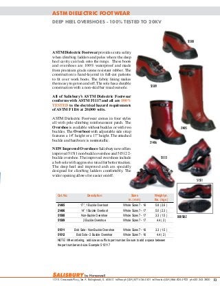 ASTM DIELECTRIC FOOTWEAR
DEEP HEEL OVERSHOES - 100% TESTED TO 20KV

51508

ASTM Dielectric Footwear provides extra safety
when climbing ladders and poles where the deep
heel cavity can lock onto the rungs. These boots
and overshoes are 100% waterproof and made
from premium grade ozone resistant rubber. The
construction is hand-layered in full-cut patterns
to ﬁt over work boots. The fabric lining makes
them easy to get on and off. The sole has a durable
construction with a non-skid bar tread outsole.

51509

All of Salisbury’s ASTM Dielectric Footwear
conforms with ASTM F1117 and all are 100%
TESTED to the electrical hazard requirements
of ASTM F1116 at 20,000 volts.
ASTM Dielectric Footwear comes in four styles
all with pole-climbing reinforcement patch. The
Overshoe is available without buckles or with two
buckles. The Overboot with adjustable side strap
features a 14” height or a 17” height. The attached
buckle and hardware is nonmetallic.
NEW Improved Overshoes-Salisbury now offers
improved 51511 non-buckle overshoe and 51512 2buckle overshoe. The improved overshoes include
a bob sole with aggressive tread for better traction.
The deep heel and improved arch are specially
designed for climbing ladders comfortably. The
wider opening allows for easier on/off.

21405

21406

51512

51511

Cat. No.
21405
21406
51508
51509

Description

Sizes
in. ( mm )

Weight pr.
lbs. ( kgs )

17”, 1 Buckle Overboot
14” 1 Buckle Overboot
Non-Buckle Overshoe
2 Buckle Overshoe

Whole Sizes 7 - 16
Whole Sizes 7 - 17
Whole Sizes 7 - 17
Whole Sizes 7 - 17

5.8 ( 2.6 )
5.0 ( 2.3 )
3.3 ( 1.5 )
4.4 ( 2 )

BOB SOLE

51511
Bob Sole - Non-Buckle Overshoe
Whole Sizes 7 - 16
3.3 ( 1.5 )
51512
Bob Sole - 2 Buckle Overshoe
Whole Sizes 7 - 16
4.4 ( 2 )
NOTE:	
 