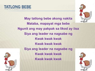 TATLONG BEBE
May tatlong bebe akong nakita
Mataba, mapayat mga bebe
Ngunit ang may pakpak sa likod ay iisa
Siya ang leader na nagsabe ng
Kwak kwak kwak
Kwak kwak kwak
Siya ang leader na nagsabe ng
Kwak kwak kwak
Kwak kwak kwak
 