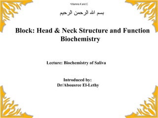 Introduced by:  Dr/Abousree El-Lethy بسم الله الرحمن الرحيم ,[object Object],Block: Head & Neck Structure and Function Biochemistry Lecture: Biochemistry of Saliva 