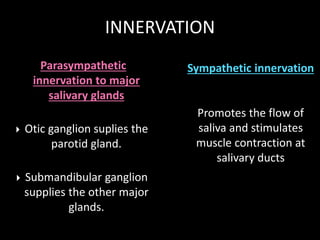 INNERVATION
Parasympathetic
innervation to major
salivary glands
 Otic ganglion suplies the
parotid gland.
 Submandibular ganglion
supplies the other major
glands.
Sympathetic innervation
Promotes the flow of
saliva and stimulates
muscle contraction at
salivary ducts
 