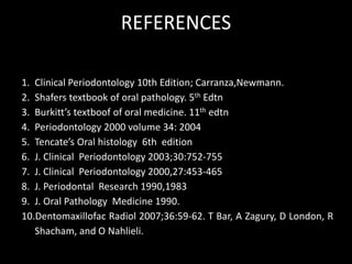 1. Clinical Periodontology 10th Edition; Carranza,Newmann.
2. Shafers textbook of oral pathology. 5th Edtn
3. Burkitt’s textboof of oral medicine. 11th edtn
4. Periodontology 2000 volume 34: 2004
5. Tencate’s Oral histology 6th edition
6. J. Clinical Periodontology 2003;30:752-755
7. J. Clinical Periodontology 2000,27:453-465
8. J. Periodontal Research 1990,1983
9. J. Oral Pathology Medicine 1990.
10.Dentomaxillofac Radiol 2007;36:59-62. T Bar, A Zagury, D London, R
Shacham, and O Nahlieli.
REFERENCES
 