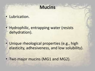Mucins
• Lubrication.
• Hydrophilic, entrapping water (resists
dehydration).
• Unique rheological properties (e.g., high
elasticity, adhesiveness, and low solubility).
• Two major mucins (MG1 and MG2).
 