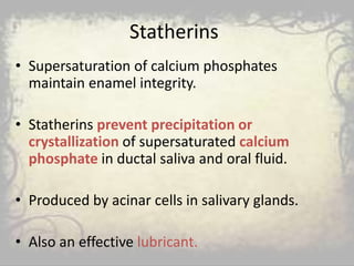 Statherins
• Supersaturation of calcium phosphates
maintain enamel integrity.
• Statherins prevent precipitation or
crystallization of supersaturated calcium
phosphate in ductal saliva and oral fluid.
• Produced by acinar cells in salivary glands.
• Also an effective lubricant.
 