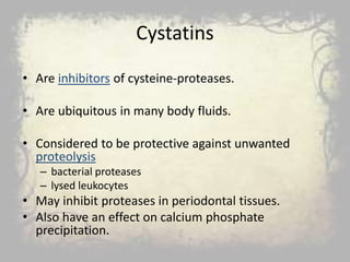 Cystatins
• Are inhibitors of cysteine-proteases.
• Are ubiquitous in many body fluids.
• Considered to be protective against unwanted
proteolysis
– bacterial proteases
– lysed leukocytes
• May inhibit proteases in periodontal tissues.
• Also have an effect on calcium phosphate
precipitation.
 