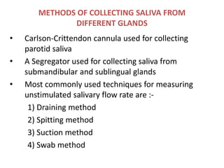 METHODS OF COLLECTING SALIVA FROM
DIFFERENT GLANDS
• Carlson-Crittendon cannula used for collecting
parotid saliva
• A Segregator used for collecting saliva from
submandibular and sublingual glands
• Most commonly used techniques for measuring
unstimulated salivary flow rate are :-
1) Draining method
2) Spitting method
3) Suction method
4) Swab method
 