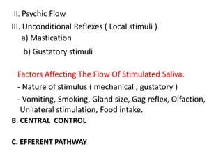 II. Psychic Flow
III. Unconditional Reflexes ( Local stimuli )
a) Mastication
b) Gustatory stimuli
Factors Affecting The Flow Of Stimulated Saliva.
- Nature of stimulus ( mechanical , gustatory )
- Vomiting, Smoking, Gland size, Gag reflex, Olfaction,
Unilateral stimulation, Food intake.
B. CENTRAL CONTROL
C. EFFERENT PATHWAY
 