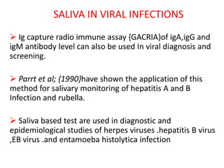 SALIVA IN VIRAL INFECTIONS
 Ig capture radio immune assay {GACRIA}of igA,igG and
igM antibody level can also be used In viral diagnosis and
screening.
 Parrt et al; {1990}have shown the application of this
method for salivary monitoring of hepatitis A and B
Infection and rubella.
 Saliva based test are used in diagnostic and
epidemiological studies of herpes viruses .hepatitis B virus
,EB virus .and entamoeba histolytica infection
 