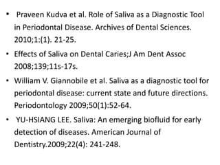 • Praveen Kudva et al. Role of Saliva as a Diagnostic Tool
in Periodontal Disease. Archives of Dental Sciences.
2010;1:(1). 21-25.
• Effects of Saliva on Dental Caries;J Am Dent Assoc
2008;139;11s-17s.
• William V. Giannobile et al. Saliva as a diagnostic tool for
periodontal disease: current state and future directions.
Periodontology 2009;50(1):52-64.
• YU-HSIANG LEE. Saliva: An emerging biofluid for early
detection of diseases. American Journal of
Dentistry.2009;22(4): 241-248.
 