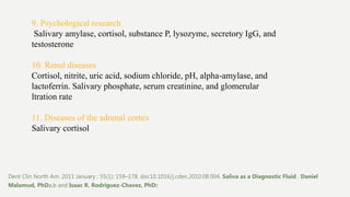 9. Psychological research
Salivary amylase, cortisol, substance P, lysozyme, secretory IgG, and
testosterone
10. Renal diseases
Cortisol, nitrite, uric acid, sodium chloride, pH, alpha-amylase, and
lactoferrin. Salivary phosphate, serum creatinine, and glomerular
ltration rate
11. Diseases of the adrenal cortex
Salivary cortisol
Dent Clin North Am. 2011 January ; 55(1): 159–178. doi:10.1016/j.cden.2010.08.004. Saliva as a Diagnostic Fluid . Daniel
Malamud, PhDa,b and Isaac R. Rodriguez-Chavez, PhDc
 