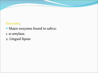 Enzymes .  Major enzymes found in saliva: 1. α-amylase.  2. Lingual lipase 