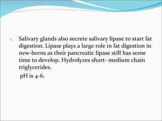 Salivary glands also secrete salivary lipase to start fat digestion. Lipase plays a large role in fat digestion in new-borns as their pancreatic lipase still has some time to develop. Hydrolyzes short- medium chain triglycerides. pH is 4-6. 