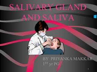 SALIVARY GLAND
AND SALIVA
BY PRIYANKA MAKKAR
1ST yr PG
1
 