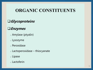 ORGANIC CONSTITUENTS
Glycoproteins
Enzymes
o Amylase (ptyalin)
o Lysozyme
o Peroxidase
o Lactoperoxidase – thiocyanate
o...