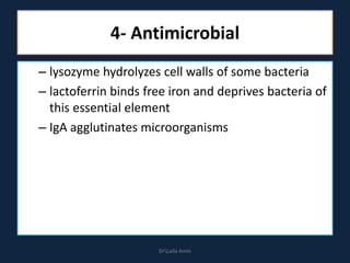 4- Antimicrobial
– lysozyme hydrolyzes cell walls of some bacteria
– lactoferrin binds free iron and deprives bacteria of
this essential element
– IgA agglutinates microorganisms
DrLaila Amin
 