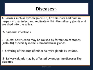 Diseases:-
1- viruses such as cytomegalovirus, Epstein-Barr and human
herpes viruses infect and replicate within the salivary glands and
are shed into the saliva.
2- bacterial infections.
3- Ductal obstruction may be caused by formation of stones
(sialolith) especially in the submandibular glands
4- Severing of the duct of minor salivary glands by trauma.
5- Salivary glands may be affected by endocrine diseases like
diabetes
DrLaila Amin
 