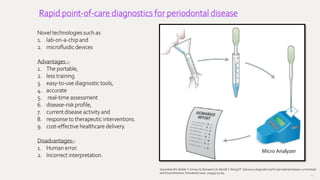 124
Novel technologies such as
1. lab-on-a-chip and
2. microfluidic devices
Advantages :-
1. The portable,
2. less training
3. easy-to-use diagnostic tools,
4. accurate
5. real-time assessment
6. disease-risk profile,
7. current disease activity and
8. response to therapeutic interventions.
9. cost-effective healthcare delivery.
Disadvantages:-
1. Human error.
2. Incorrect interpretation.
Rapid point-of-care diagnostics for periodontal disease
GiannobileWV, BeiklerT, Kinney JS, RamseierCA, MorelliT, WongDT. Saliva as a diagnostictoolfor periodontal disease:currentstate
and futuredirections. Periodontol2000.2009;50:52-64.
 