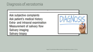 Diagnosis of xerostomia
Sugiya H. (2014) Xerostomia.ReferenceModulein Biomedical Sciences.Elsevier.15-Oct-14
 