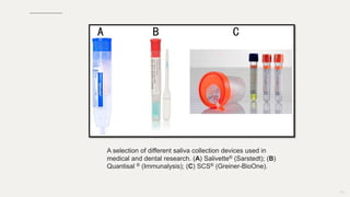 99
A selection of different saliva collection devices used in
medical and dental research. (A) Salivette® (Sarstedt); (B)
Quantisal ® (Immunalysis); (C) SCS® (Greiner-BioOne).
 
