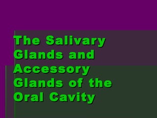 T he Salivar y
Glands and
Accessor y
Glands of the
Or al Cavity
 