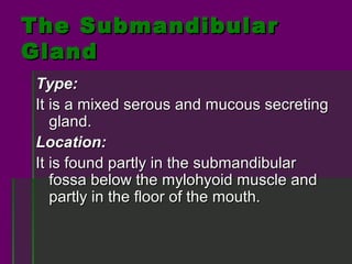 The Submandibular
Gland
Type:
It is a mixed serous and mucous secreting
   gland.
Location:
It is found partly in the submandibular
   fossa below the mylohyoid muscle and
   partly in the floor of the mouth.
 